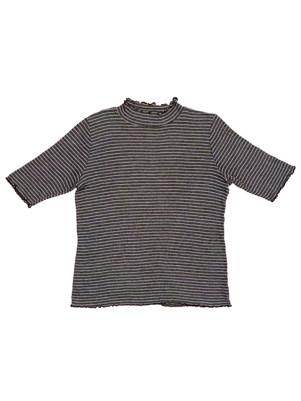 Anthropologie t.la Striped Mock Neck Lettuce Edge Ribbed Top Charcoal XL